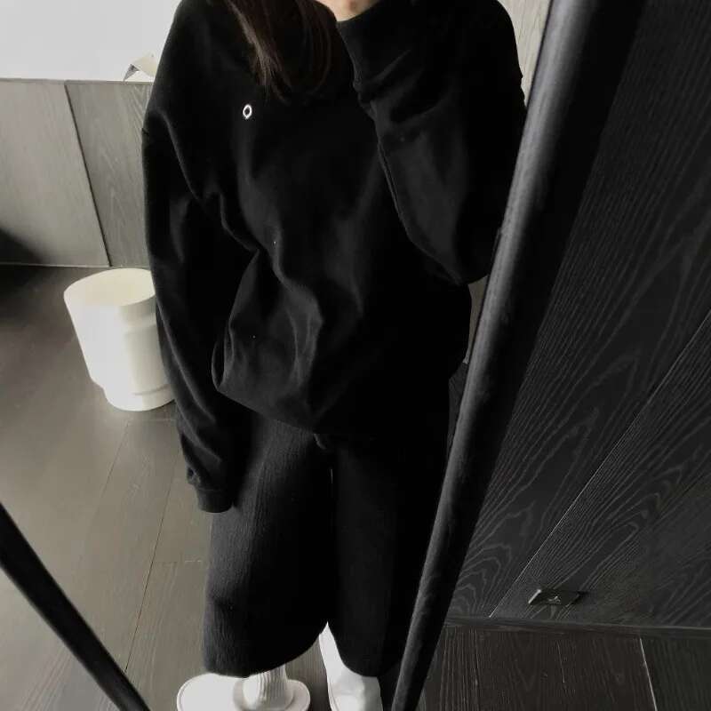 Fashion Black Red Round Neck For Women Elegant Long Sleeves Loose Hoodie Casual Couple's Same Solid Color Simple Top