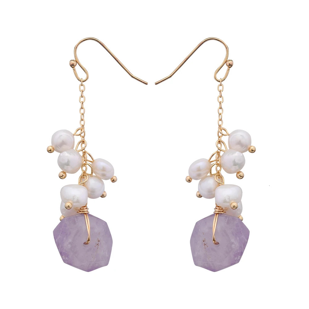 Original Handmade 14K Gold Filled Natural Freshwater Pearl Irregular Amethyst Ladies Drop Earrings Jewelry Women Wedding Gift 250517