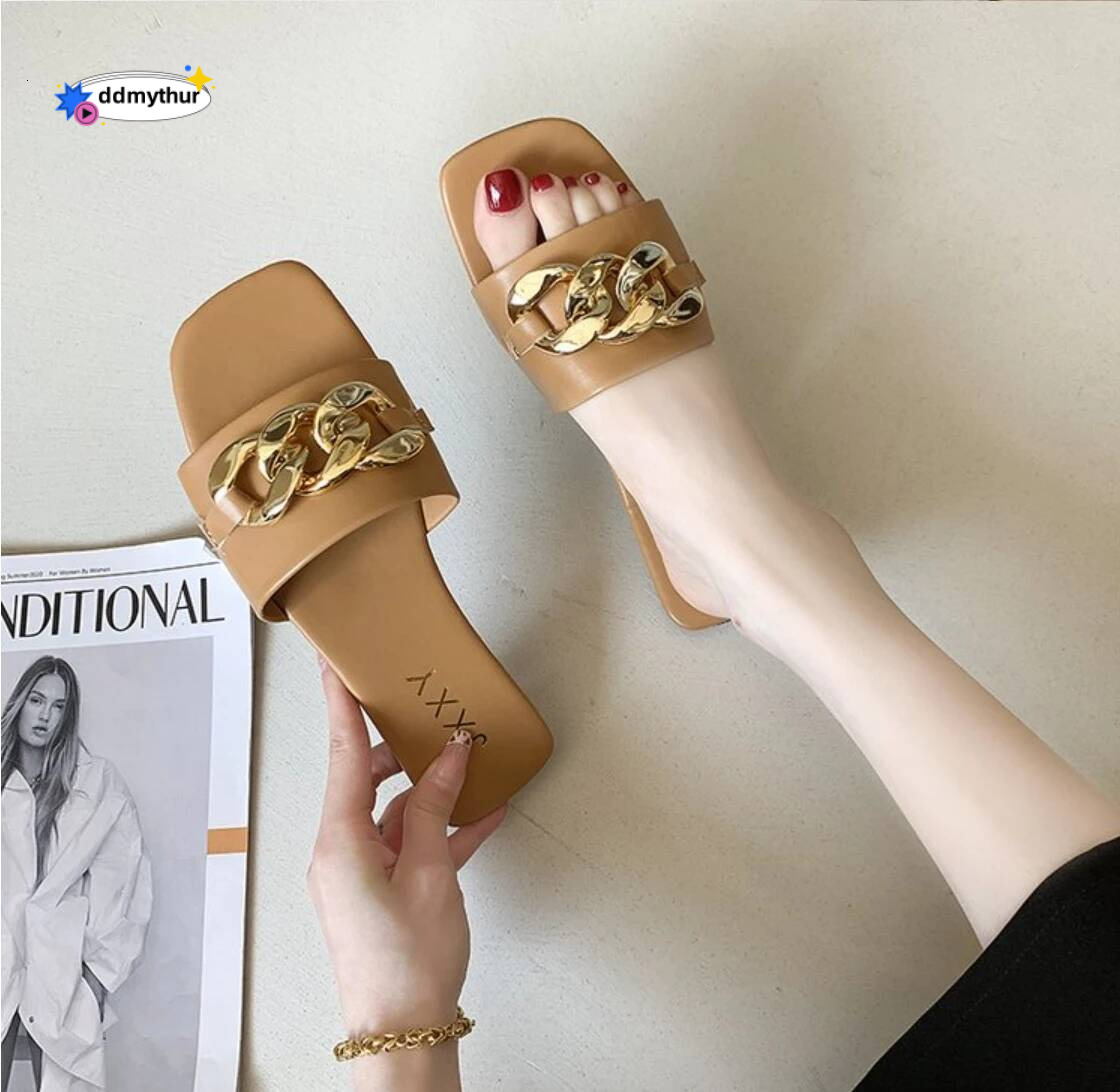 Plus Size 35-43 Leopard New European American Metal Chain Square Toe Flat Shoes Women'S Sandals Slippers ddmythur