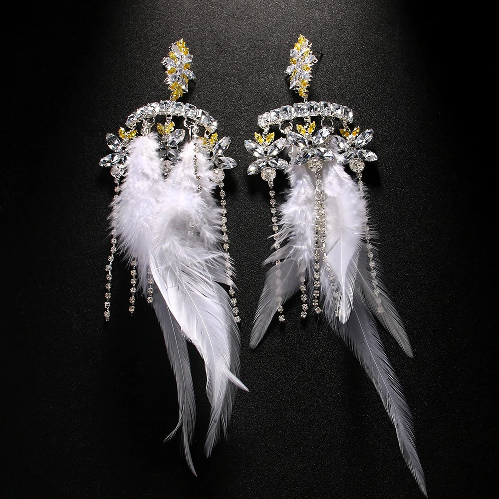 Stonefans Feather Exaggerated Heart Earrings Dangle Bridal Wedding Large Crystal Hanging Earrings Prom Jewelry Club 250520