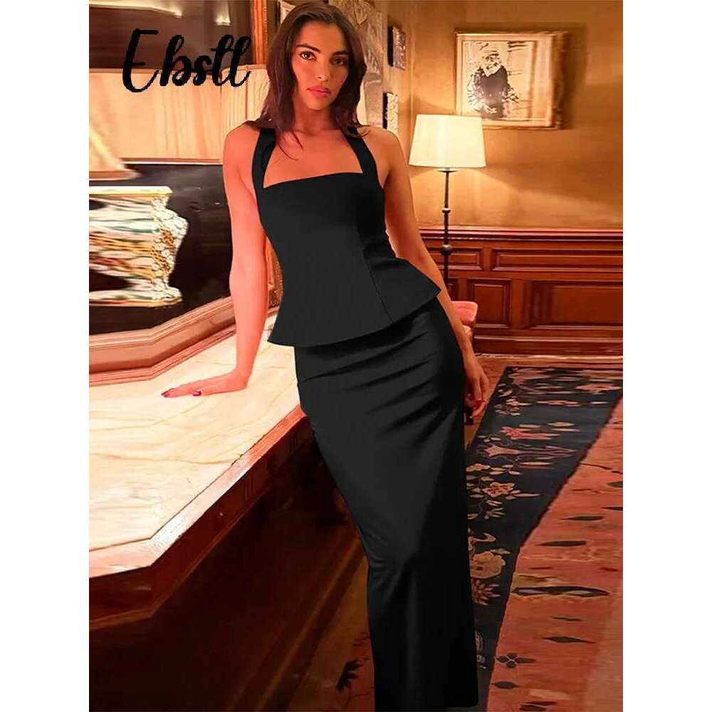Elegant Halter Top Skirts Set Women Solid Backless Sleeveless Crop Tops Split Long Skirt 2025 Spring Summer New Ladies Outfits