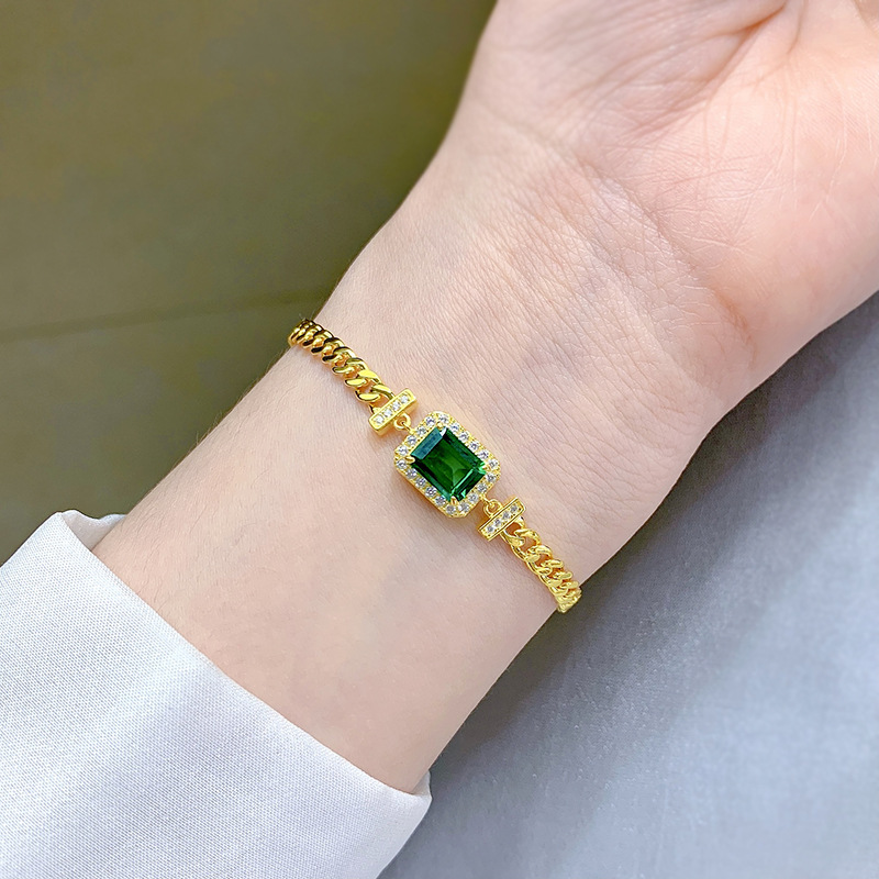 New S925 Sterling Silver Bracelet with 6x8mm Faux Emerald, Simple & Elegant Design for Women, Luxury Minimalist Jewelry