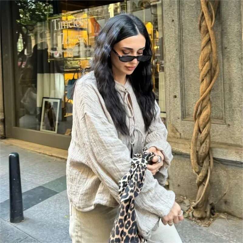 Woman's Vintage Bow Lace Up Jacket O-Neck Long Sleeves Tie Short Loose Blouse Coat Fall New Female Fashion Casual Outerwear