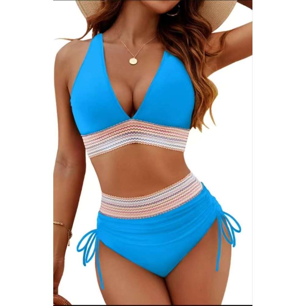 DHessentials High Waist And Abdominal Control Color Block Two-piece Set, Drawstring Fashionable Bikini Swimsuit, Women's Swimsuit