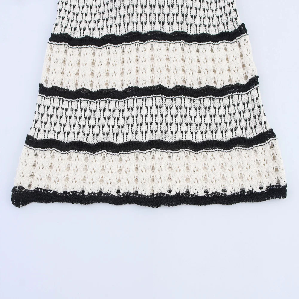 Classic Black White Contrast Color Sleeveless Striped Texture Hollow Out n Women Slim Mini Halter Dress ZATT Spring 250520