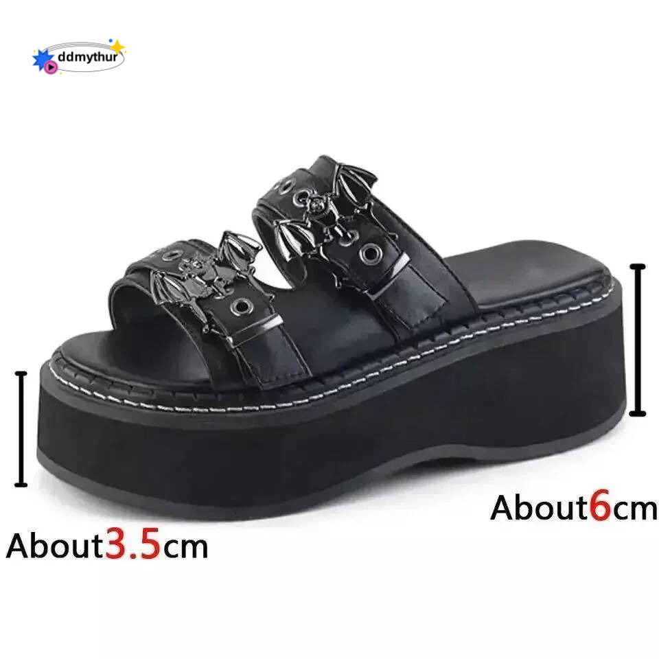 Metal Decoration Designer Summer Sandals Buckles Vampire Cosplay Platform Black Gothic Shoes for Women Slippers ddmythur