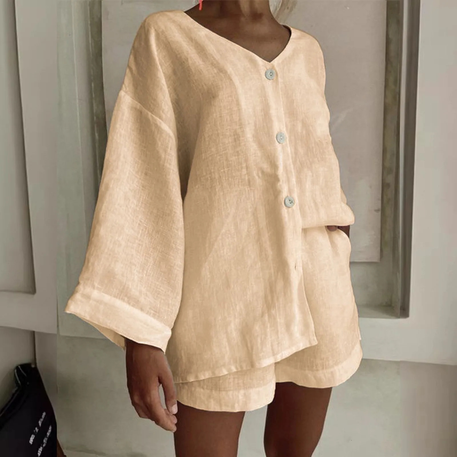 Spring Summer Women Holiday Shorts Set Womens Casual 2 Piece Outfits Cotton Linen Drawstring Elastic Waist Shorts For Sport 250516