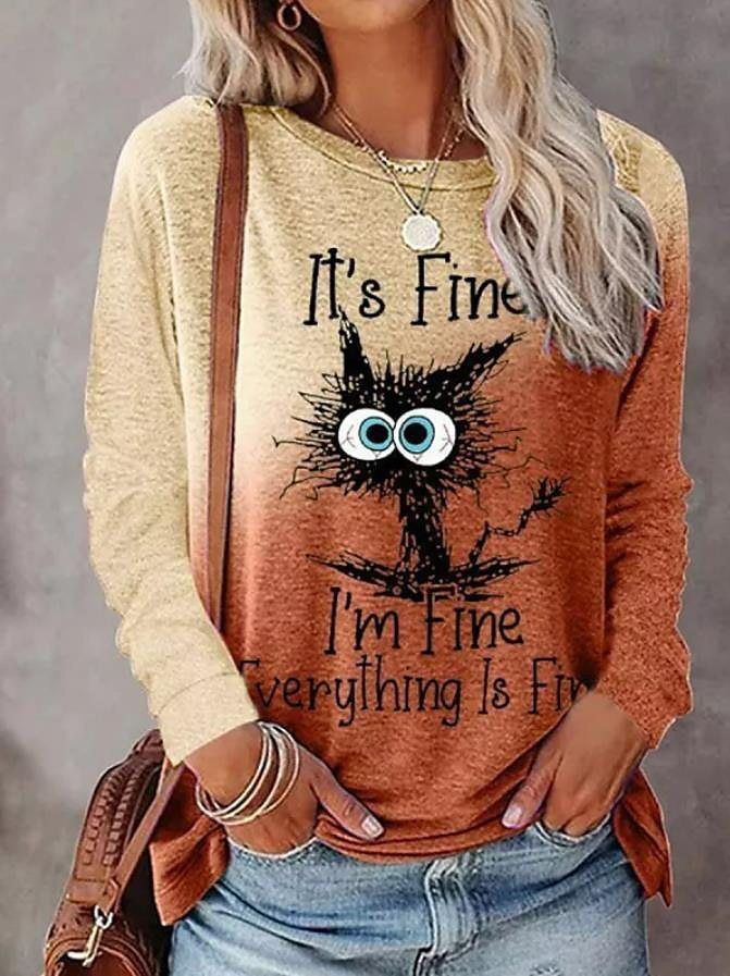 2025 New Women's Plus Size Pet Cat Printed Designer Clothing Round Neck Long Sleeve T-shirt Fashion Trendy Clothing