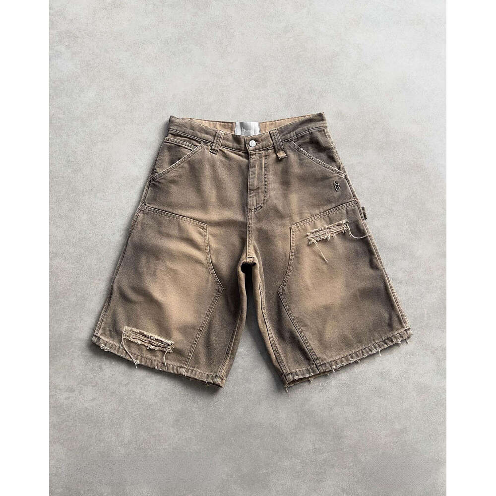 Summer hip-hop punk washed denim men y2k ripped loose shorts Harajuku Jorts