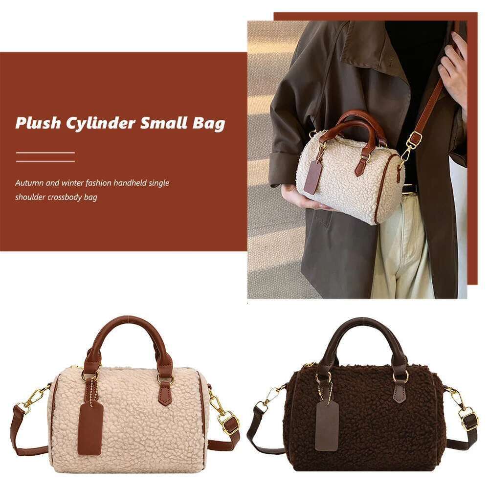 Women PU Leather Shoulder Fluffy Furry Boston Barrel Bag Pocket Satchel Purse With Zipper Handbag For Work Travel