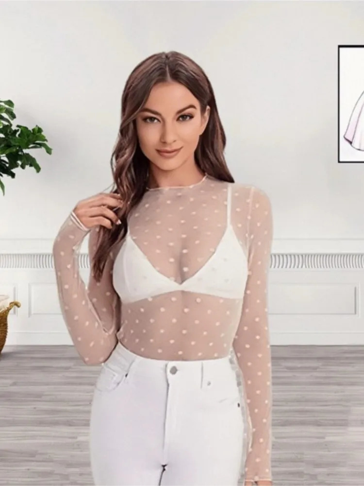 T Shirt For Women Basics Retro Sexy Polka Dot O Neck Bodycon Tops Off The Shoulder Vintage Solid Streetwear Lace Transparent 250517