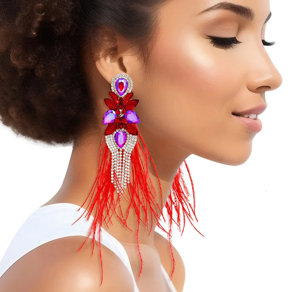 Stonefans AB Color Rhinestone Tassel Feather Earrings Jewelry for Women Statement Large Earrings Belly Dance Decor Prom Jewelry 250520