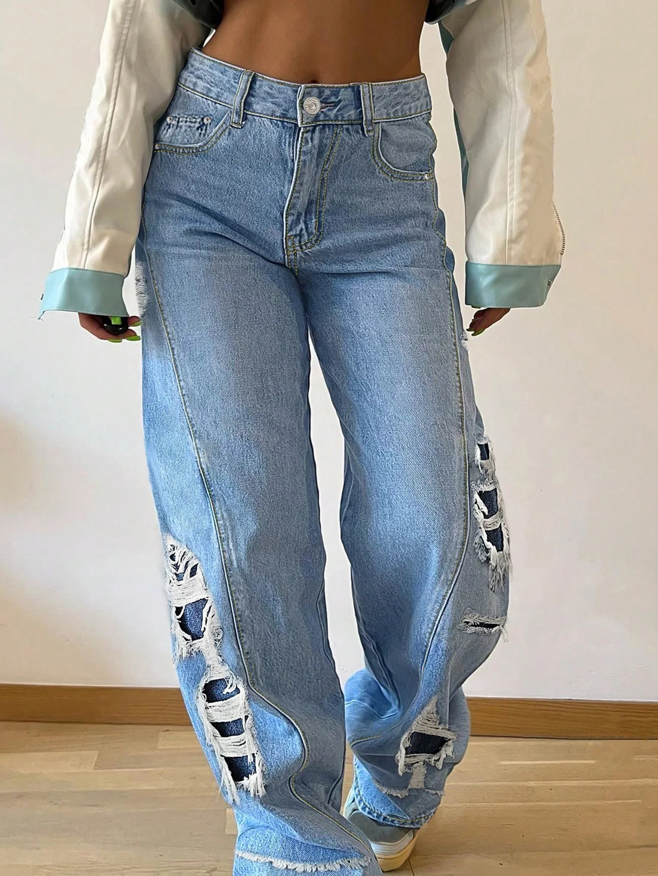 Women Ripped StraightLeg Jeans Button Zipper Casual Street Style Denim Pants with Pockets Nonstretch Fulllength 250519