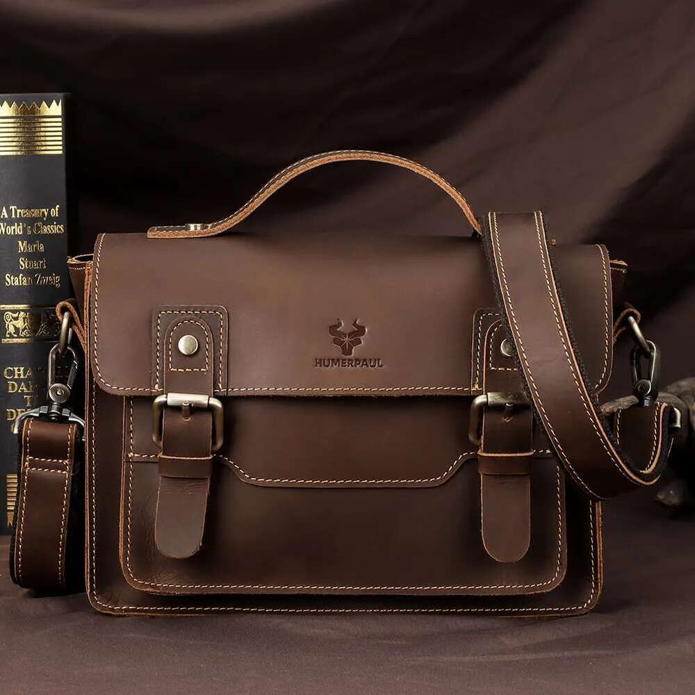 HUMERPAUL Crazy Horse Leather Men Messenger Vintage Large Capacity Crossbody Bag Handbags Multifunctional Business Briefcase