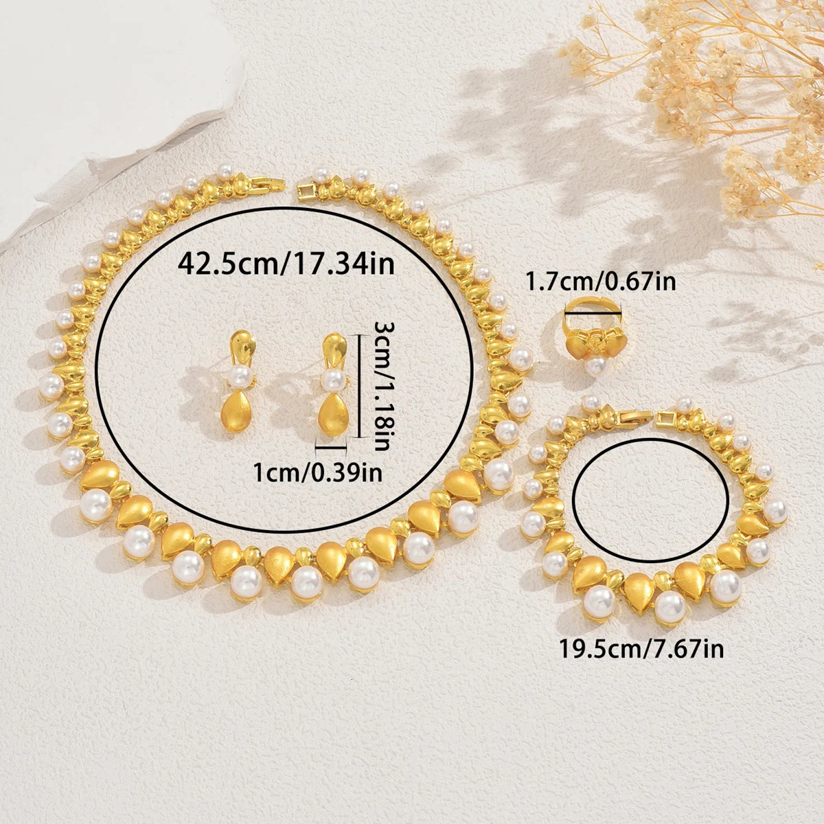 Exquisite Waterdrop Shaped Pearl Choker Dangle Earrings Bracelet Ring Set Womens Glossy Gold Color Party Date Jewelry 250520