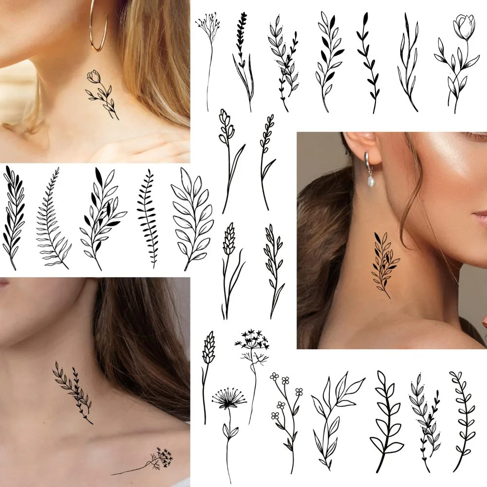 Tiny black flower branch temporary tattoo realistic wild flower small fake tattoo adult wild plant tattoo sticker 250515