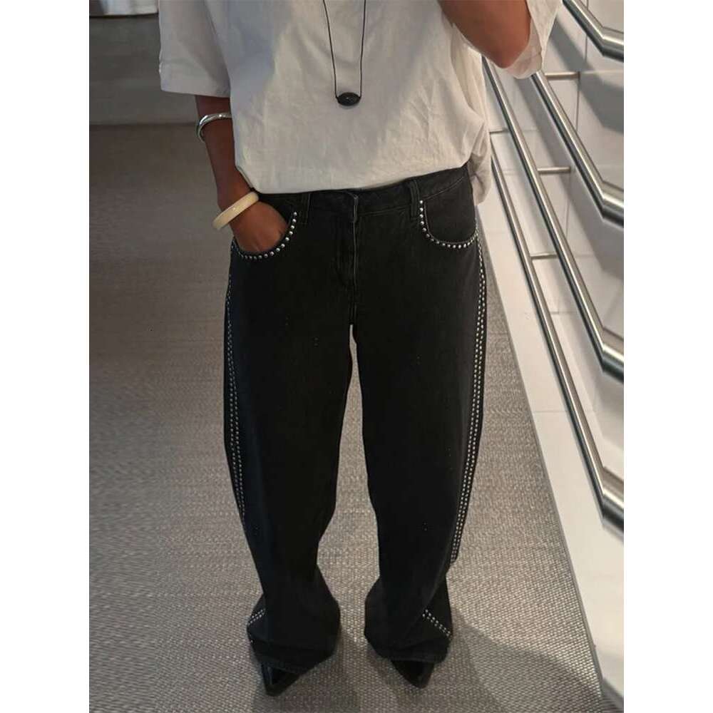 Punk Pant Edge Rivet Women's Jeans Black Denim Loose Straight Mopping Pants Female 2025 Fashion New All-match Lady Trousers