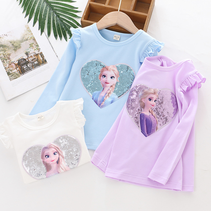 DISNEY toddler designer clothes kids designer clothes Frozen Elsa princess Long-sleeved cotton princess top for girls in spring and autumn.