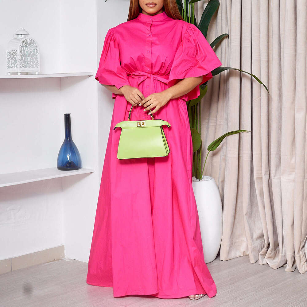 Women's Wear D3270- Summer Fashion Flare Sleeves Single Breasted Belt Loose Waist Long Dress