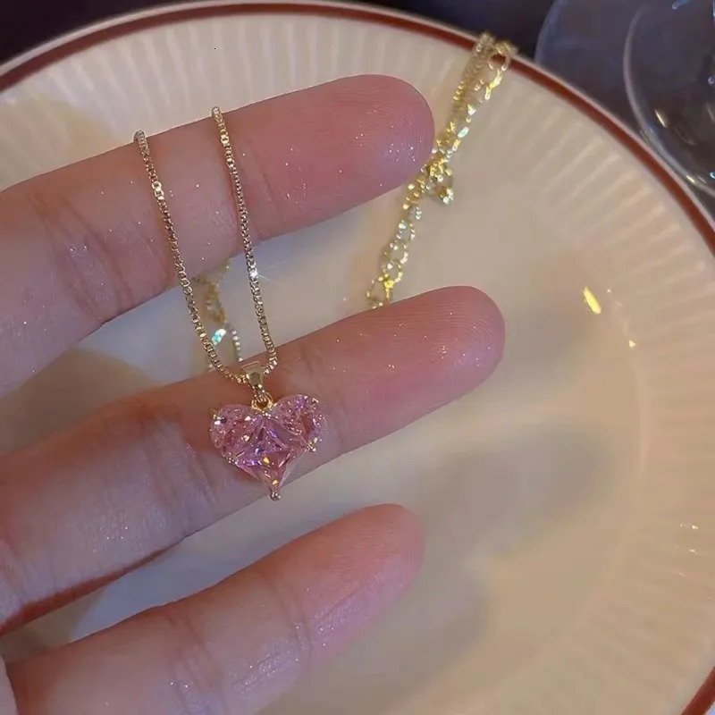 3 fashionable heart-shaped zircon pink crystal pendant earrings necklace set 250520