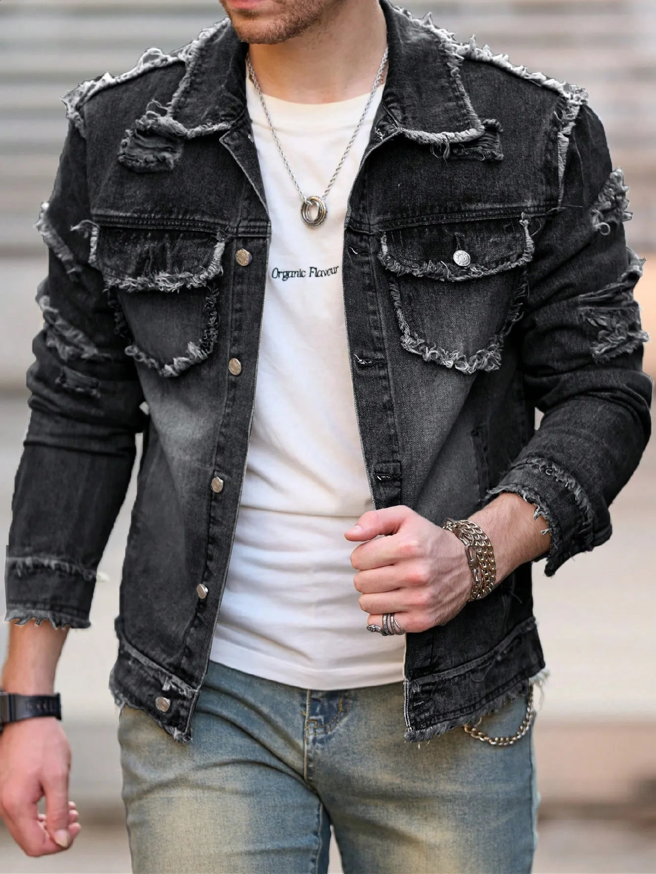 1pc Mens U2K Retro Ripped Raw Edge Hole Casual Denim Jacket Simple American n Suitable for Daily Wear Flight 250516