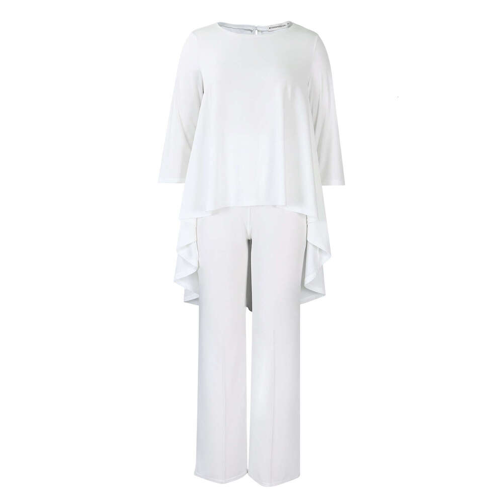 Women's Wear D3260 Women's Fashion And Temperament Large Size Long Sleeved Top Wide Leg Pants Set