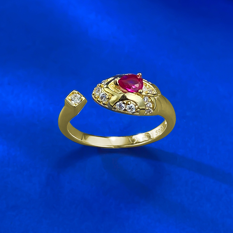 Luxury Retro Chinese Style S925 Silver Snake Open Ring with Ruby Accent