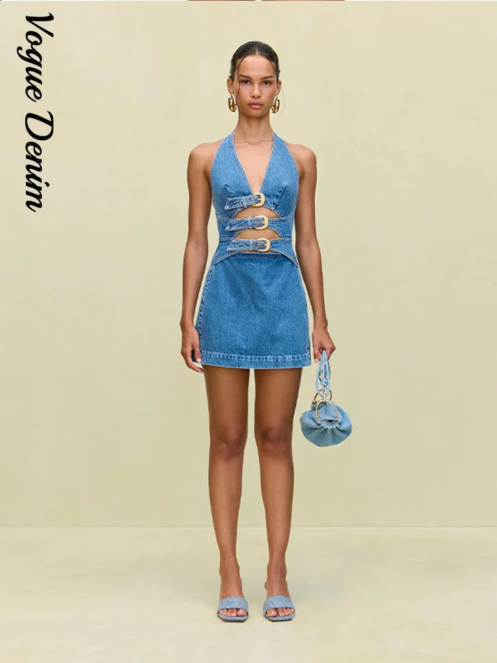 Sexy Backless Hang Neck Denim Dress V-neck Metal Buckle Waist Zipping Short Woman Dresses Summer Fashion Vestidos Para Mujer 250519