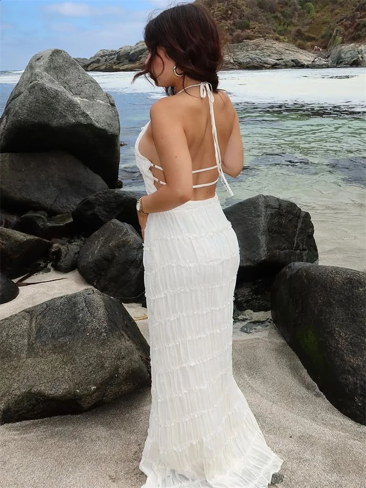 Tossy Spring Fashion Patchwork Long Dress For Women Lace-Up Backless High Waist Solid Holiday Beach Dress Ladies Maxi Dress 2025 250519