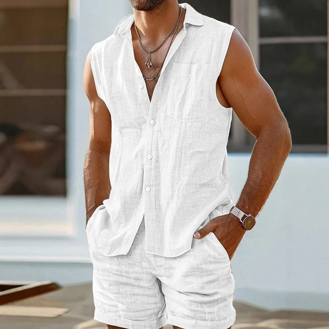 Sexy and fashionable European and American mens casual cardigan vest set in cotton and linen style 250519