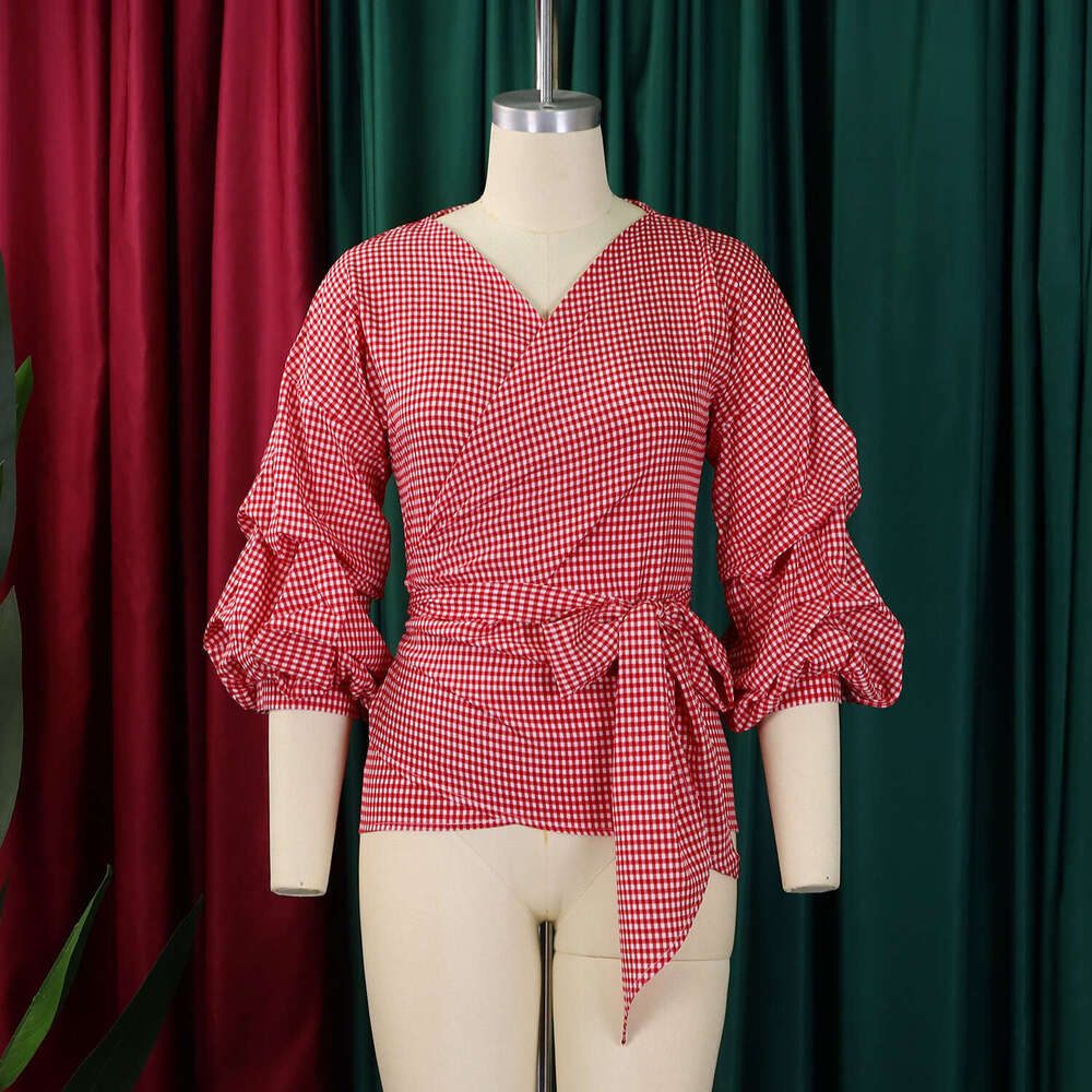 Women's Wear D3319 Summer Large Fashion V-Neck Bubble Sleeve Big Bow Decorative Shirt Checkered Strap Top