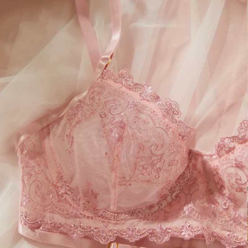 Sexy Lingerie Comfortable Ultra-Thin Sexy Lace Patchwork Mesh Semi-Transparent Push-Up Pink Underwear Set New R250520
