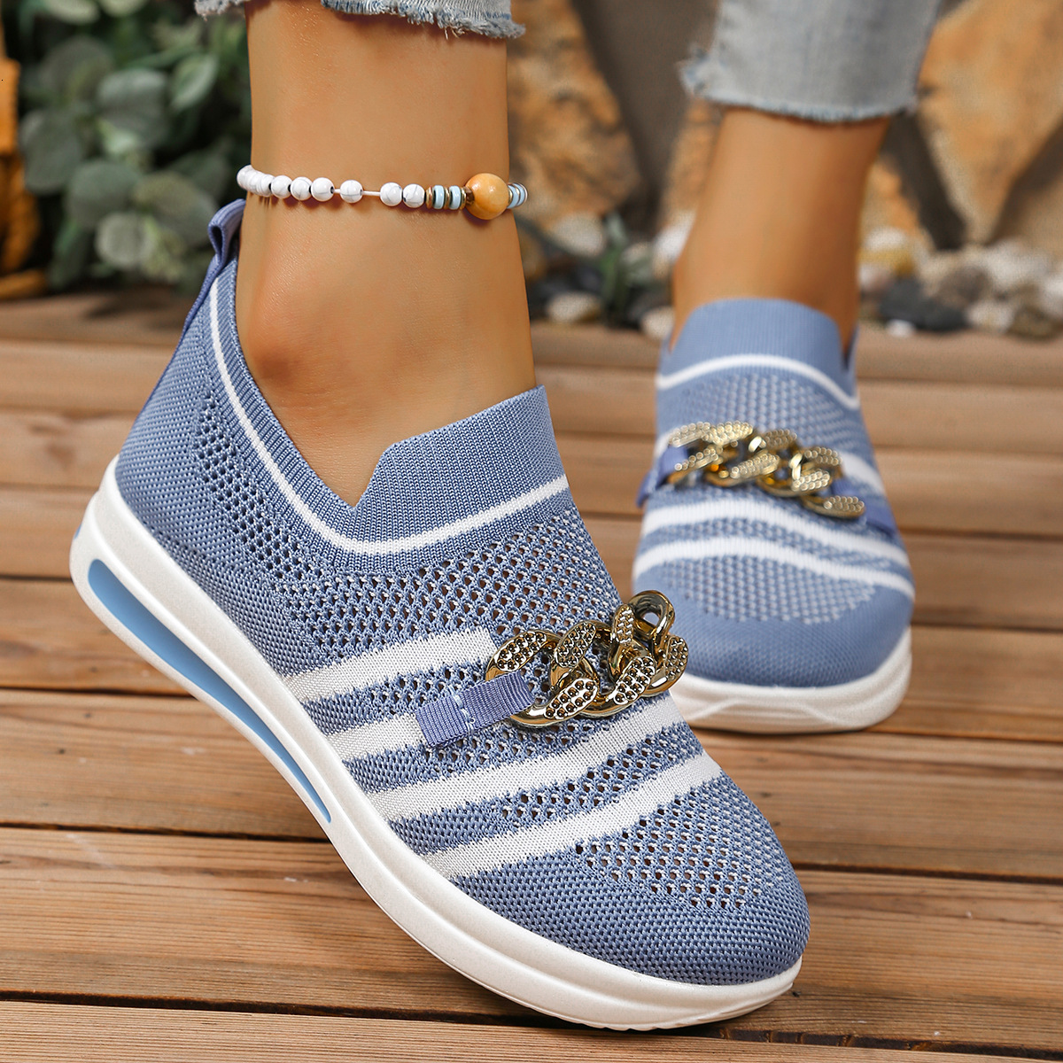 New Metal Chain Slope Heel Thick Bottom One Step Breathable Lightweight Mesh Large Casual Single Shoe For Casual Shoes Women Ddmysaturn