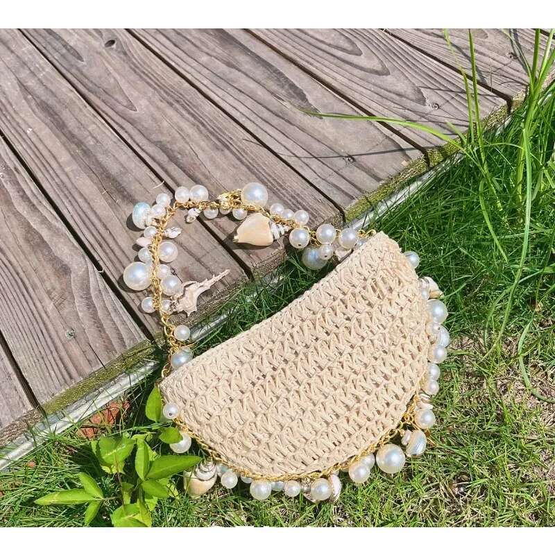 Fashion Pearl Woven Bohemian Rattan Beach Women's Single Shoulder Crossbody Bag Handbag