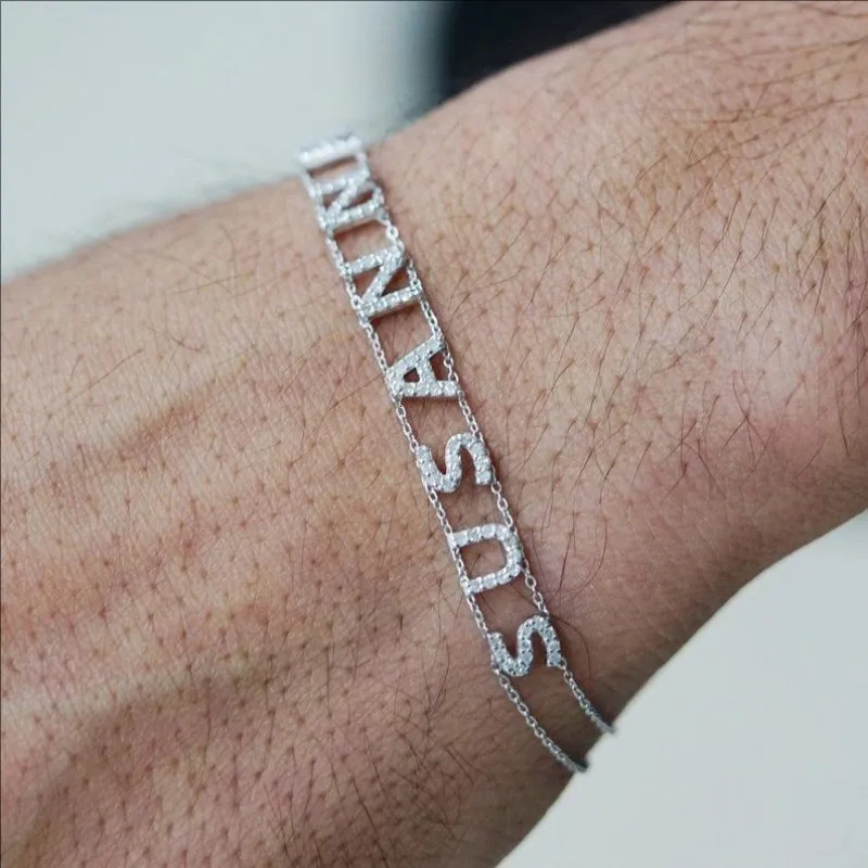 18K Gold Double Chain Pave Initial Bracelet Personalized Name Bracelet Special Gift For Her 250520