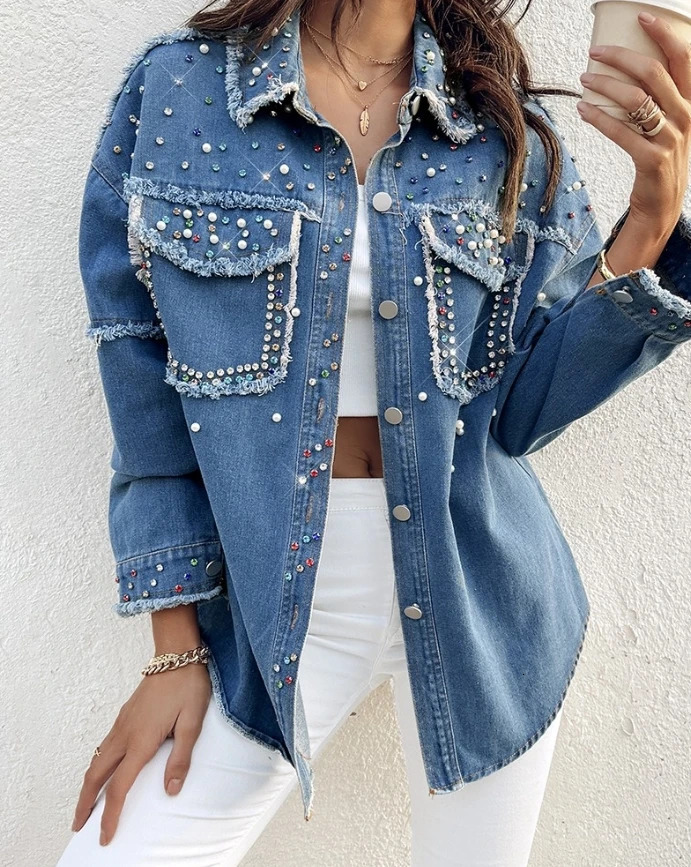 Trendy Womens Denim Jacket Colorful diamond decorated vintage denim jacket with pocket buttons long sleeved collar 250519