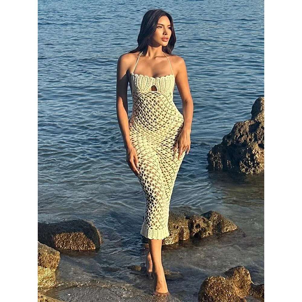 Elegant Knit Shell Lace Up Long Dresses Women Sexy Hollow Out Backless Halter Slim Beach Dress Lady New Spring Chic Holiday Designer