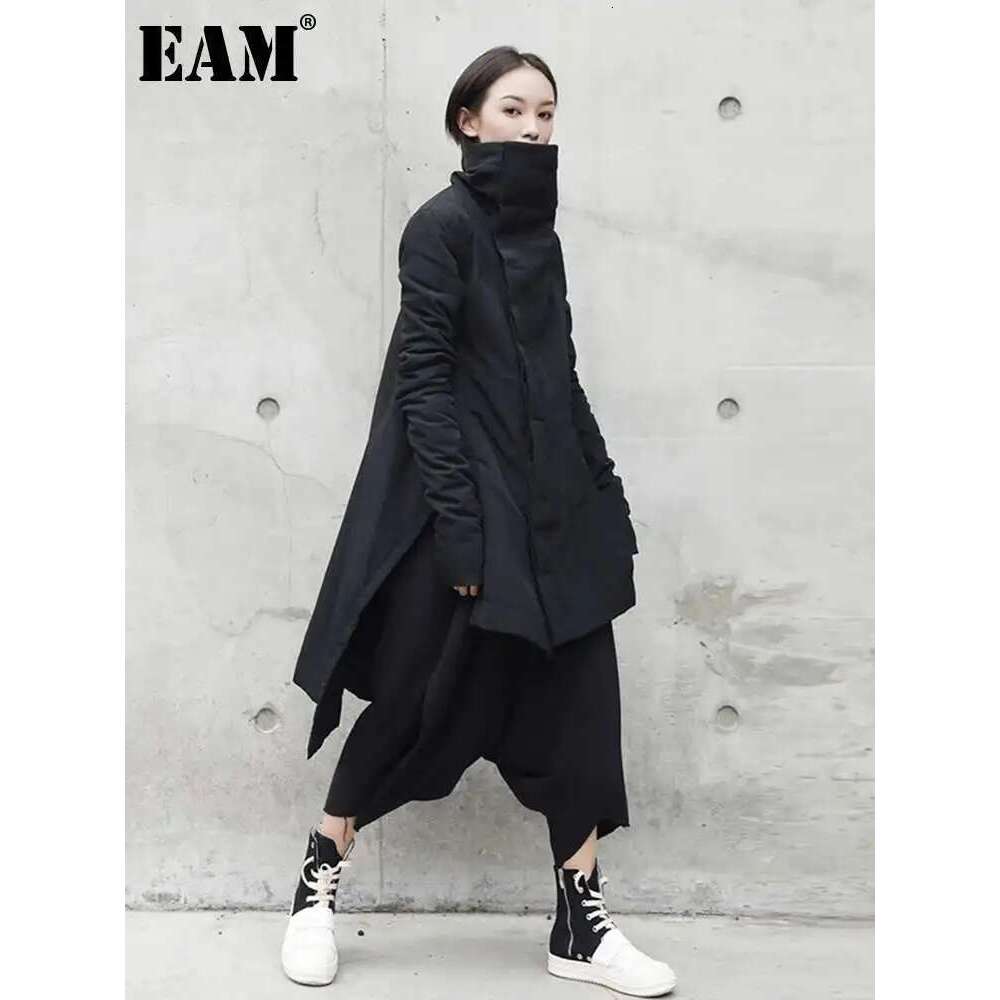 EAM 2024 New Fashion Winter Stand Collar Irregular Long Type Cotton-Padded Clothes Loose Coat Black Jacket Woman Ya771 Designer