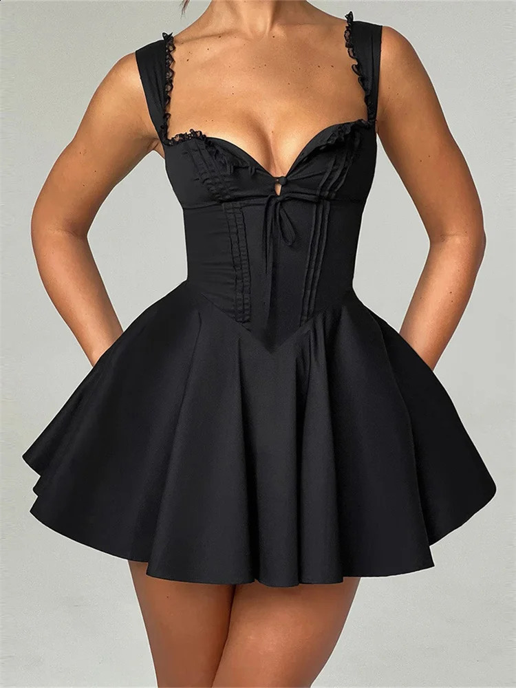 CHRONSTYLE Elegant Women Short Mini A-Line Dress Deep V Neck Backless Ruffles Hem Sleeveless Dress for Party Club Vestidos 250519