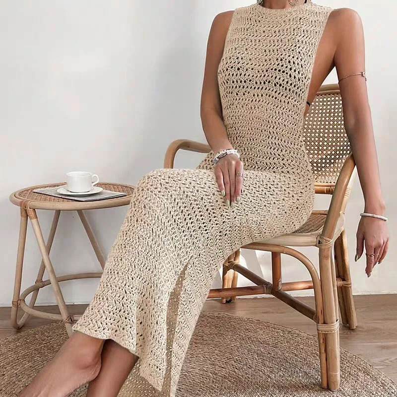 Womens Beach Style ONeck Knit Hollow out Long Dress Summer Female Casual Sleeveless Bikini Coverup Blouse 250520