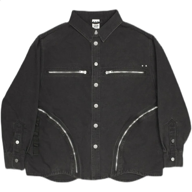 PFNW Washed Old High Street Black Denim Jacket Mens Fashion Arcade Zipper Pocket Oversized Single Breasted Coat 28W5520 250516