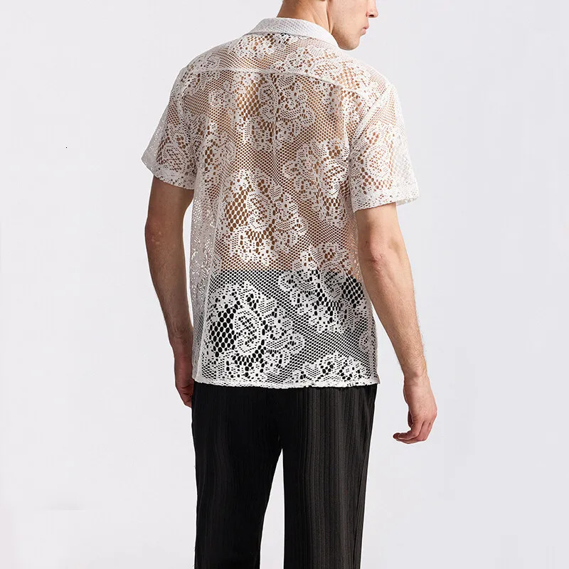 Summer Mens Mesh Lace Knit Short Sleeve Shirt Streetwear HollowOut Dance Perspective Shirts Nightclub Disco Performance Tops 250520
