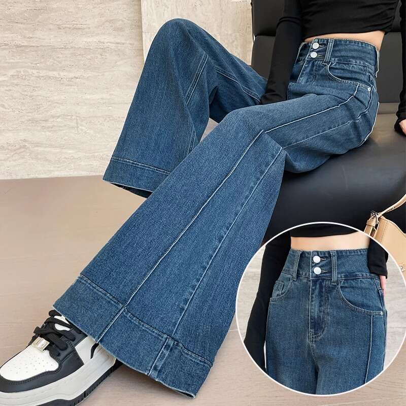 Loose wide leg jeans for women 2025 new spring outfit, double button high waisted three-dimensional splicing small micro flared pants