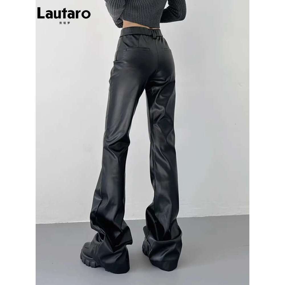 Lautaro Spring Autumn Cool Casual Soft Black Pu Leather Floor Length Flare Pants For Women High Waist Korean Style Fashion 2023