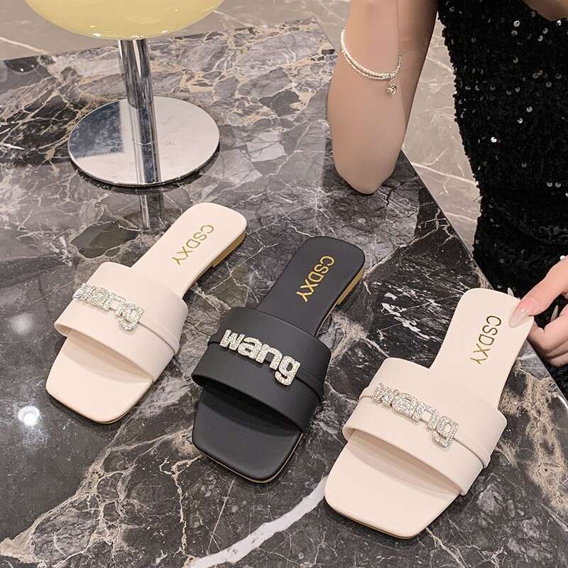 Wholesale Plus Size Super Sparkling Rhinestone Letter Flat Slippers 2025 Outdoor Fashion Outdoor Wear Beach Sandals Comfortable Wear-resistant Slipper
