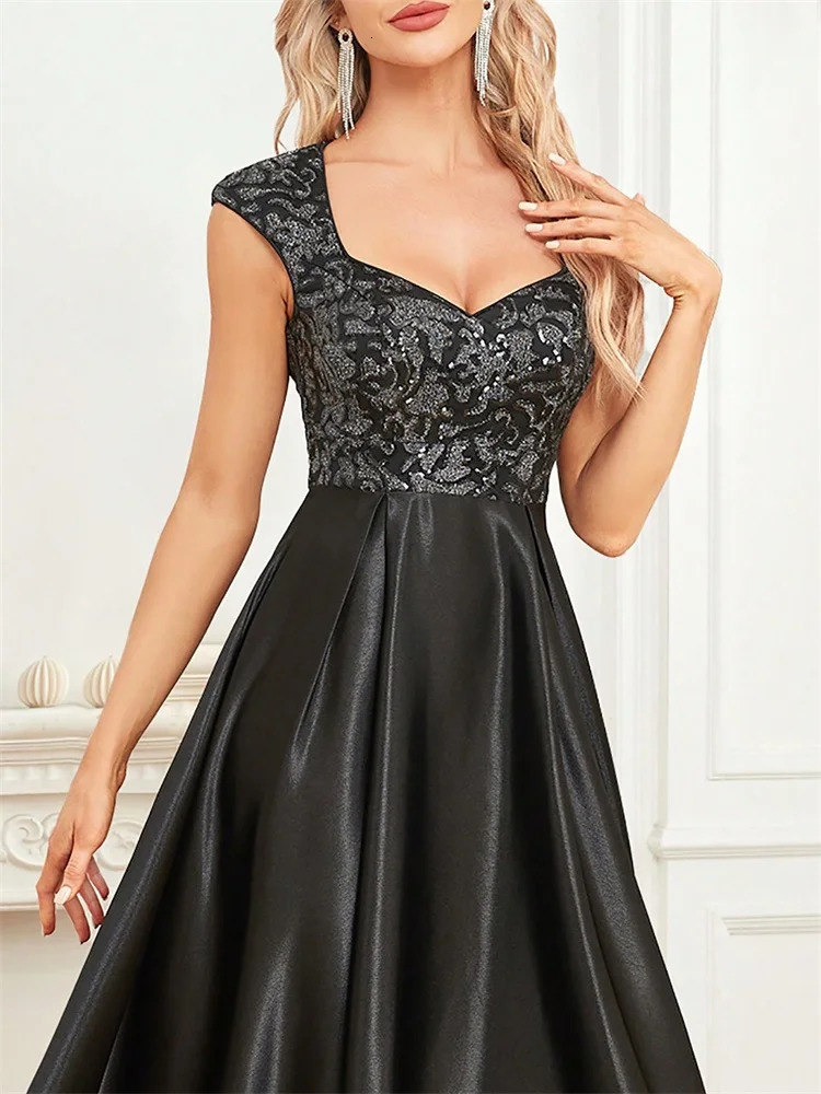 Elegant Sequins Black Formal Evening Dress For Women U-neck Satin Prom Floor Length Cocktail Party Dress 250520