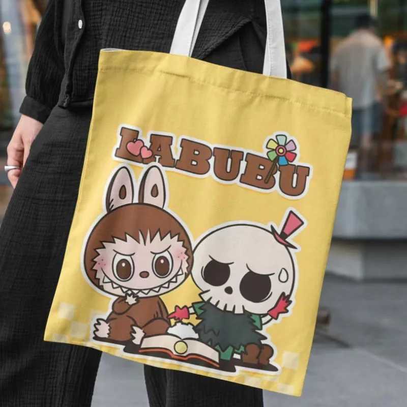 Labubu Canvas Bag Cute Cartoon Shopping Handbag For Women Student Portable Canvas Makeup Shopping Storage Bag Birthday GiftXJ250521