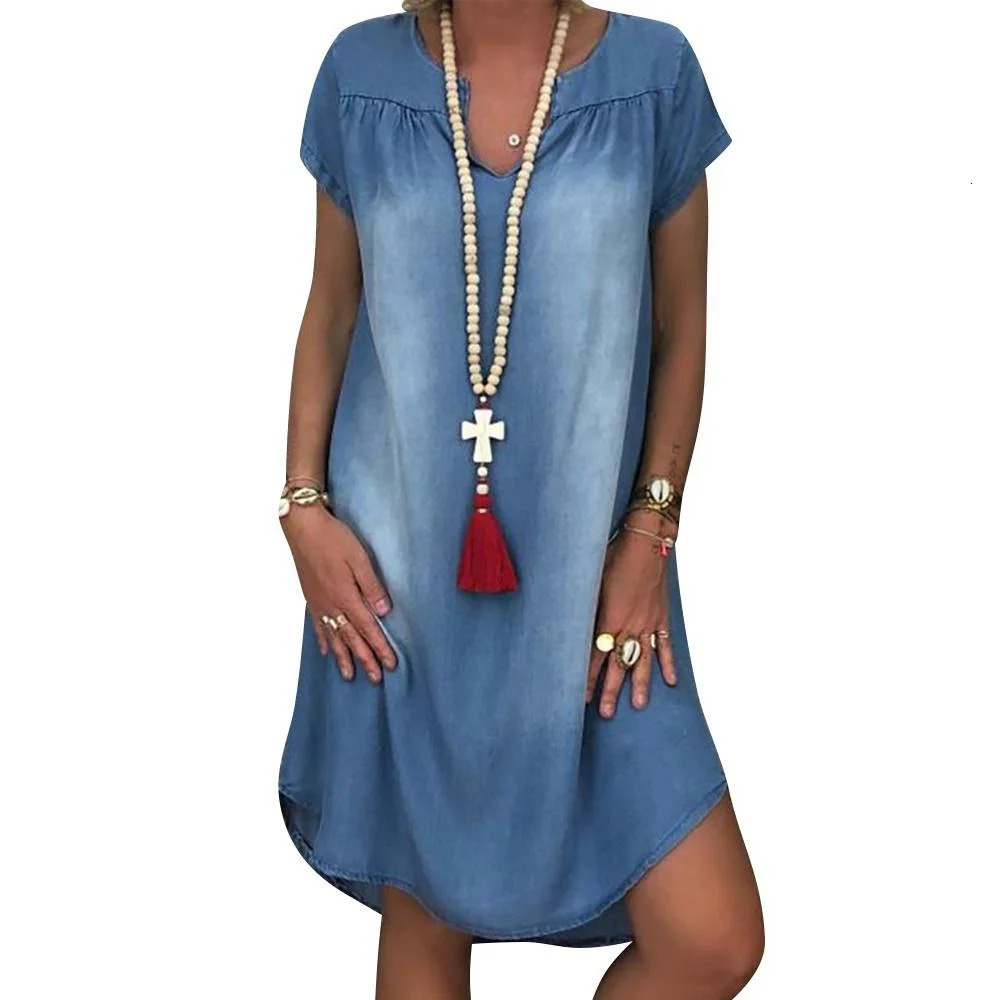 Denim Dress Plus Size 1XL-5XL Womens V Neck Fashion Casual Solid Short Sleeve Swing Summer Dress 250520