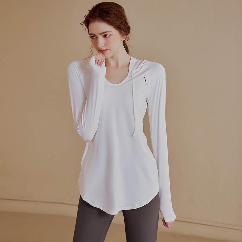 X1853 Loose Sports Tops Women's Large Size Mid-Length Fitness Suit Set Hooded Fitness Clothes Long Sleeve Sweater
