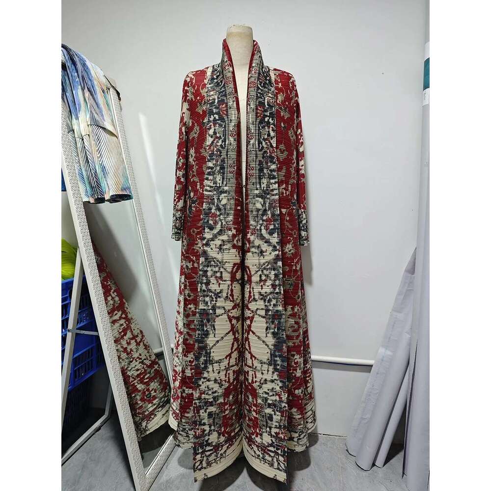 Miyake Pleated Turndown Collar Sleeve Abaya Women 2025 New Autumn Winter Original Designer Dubai Fashion Printed Long Coats